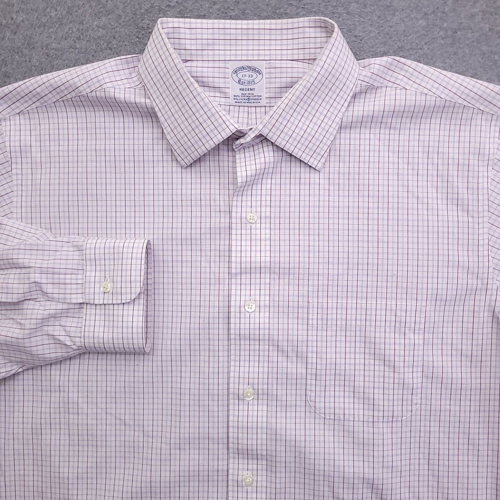 Brooks Brothers Dress Shirt Mens 17 33 Regent Fit Non Iron Stretch White Plaid